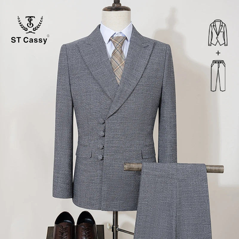 ST Cassy Elegant Men Suit for Wedding Slim Fit Double Breasted Multiple Buttons Casual Business Man 2 Piece Set Party Outfit
