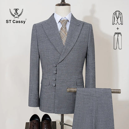 ST Cassy Elegant Men Suit for Wedding Slim Fit Double Breasted Multiple Buttons Casual Business Man 2 Piece Set Party Outfit