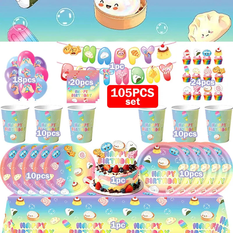 Squishy Bao Bun Themed Birthday Party Decorations Set Tableware Paper Plates Cups Cute Squishy Gift Bags Balloon Banner Supplies