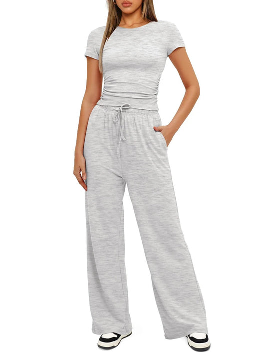 Summer Solid Loose Casual Tracksuit Women's Two Pieces Set O Neck Short Sleeves T-shirts and Wide Leg Pants Sets Sportswear Set