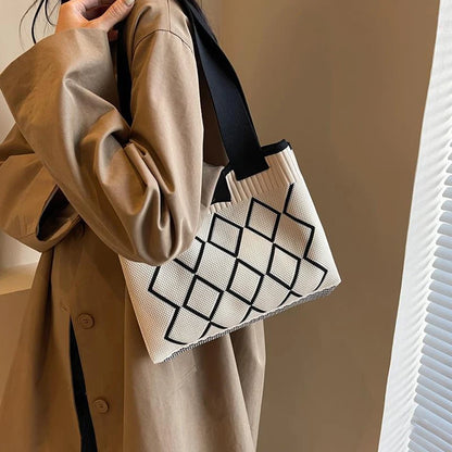 Rhombus Line Knitted Hand Bag Female All-Match Snap Button Portable Tote Bag Large Capacity Student Fine Needle Wallet Autumn