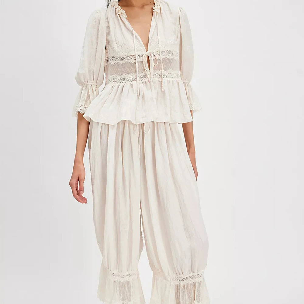 Women Kawaii Lace Trim 2 Piece Clothes Sets y2k Fairy Bow Tie Front Half Sleeve Shirts Ruffles Flared Lantern Pants Loungewear