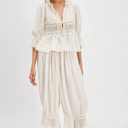 Women Kawaii Lace Trim 2 Piece Clothes Sets y2k Fairy Bow Tie Front Half Sleeve Shirts Ruffles Flared Lantern Pants Loungewear