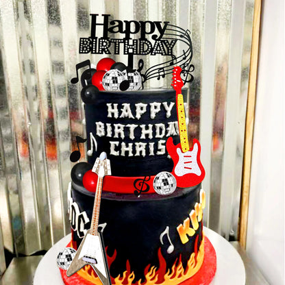 LaVenty Rock Music Cake Topper Black Red Balls Guitar Cake Toppers Music Notes Balls Cake Decoration for Musician Birthday Party