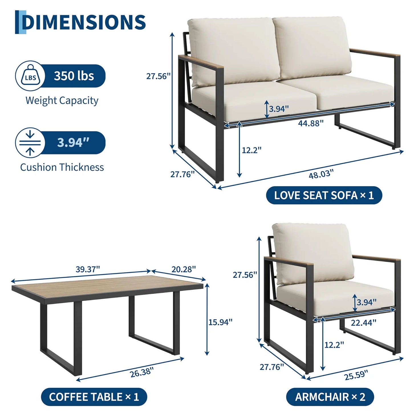 Modern 4-Piece Patio Furniture Set Outdoor Conversation Sectional Sofa With Coffee Table Thick Washable Cushions For Lawn Deck