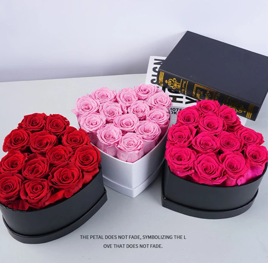 12-13PCS Peserved Roses in Heart Shape Box 100% Natural Long Last Real Eternal Real Rose Mothers Valentines Day Gifts Home Decor