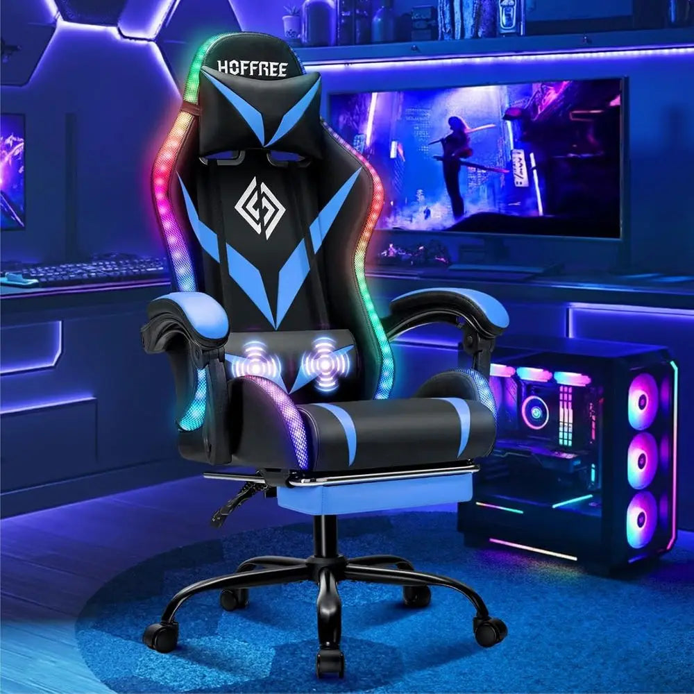 RGB Gaming Chair with Massage and LED Lights Ergonomic High Back Racing Style Reclining Computer Chair with ootrest Lumbar Suppo