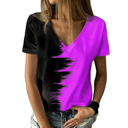 New women's V-neck T-shirt, black and white, suitable for document subscribers, 3D printing, vacation