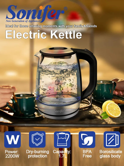 Sonifer 1.7L Glass Electric Kettle SF-2079, 2200W Fast Boil, Cordless, Blue LED Light, Auto Shut-Off, Dry Boil Protection