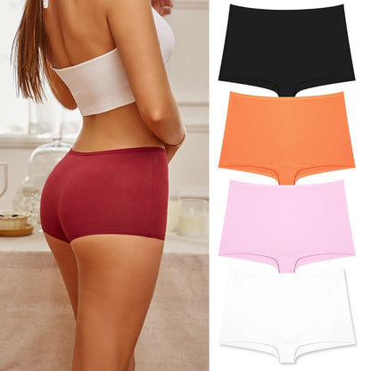 4PCS/Set Women Cotton Panties Sexy Low Rise Boyshorts Seamless Sports Boxers Female Comfortable Underwear Solid Color Lingerie
