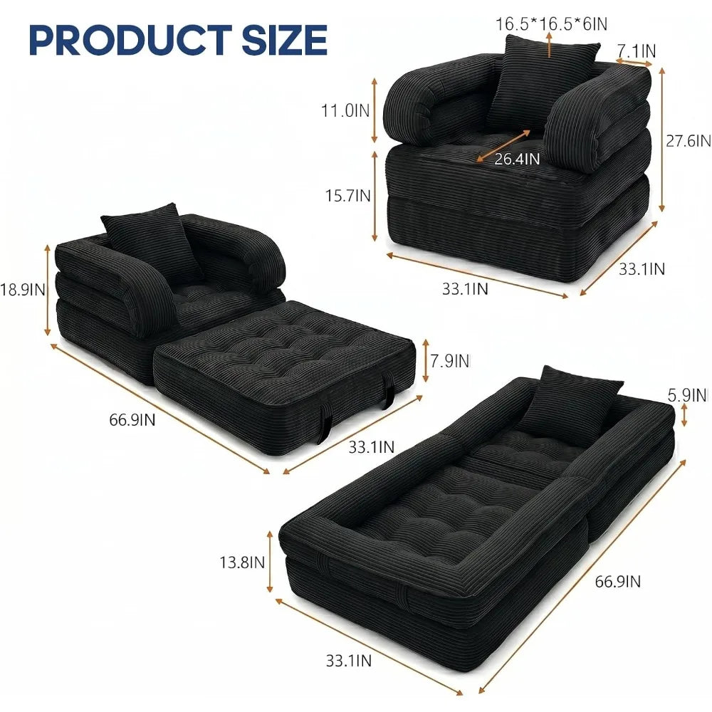 Convertible Sleeper Chair Folding Sofa Bed 3-in-1 Corduroy Futon Couch with Pillow