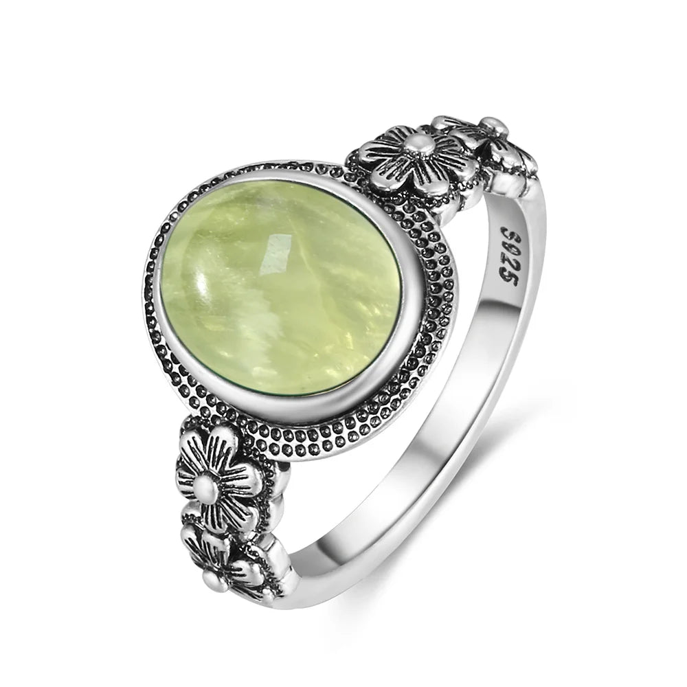 925 Sterling Silver Ring With Natural Prehnite Stone 8*10mm Oval Shape With Crystal Flower Design Gifts Fine Jewelry For Women