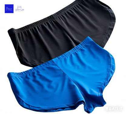 Sexy Men's Ice Silk Split Side Arrow Pants Quick-Dry Breathable Athletic Lounge Shorts Low-Rise Running Underwear Boxershorts