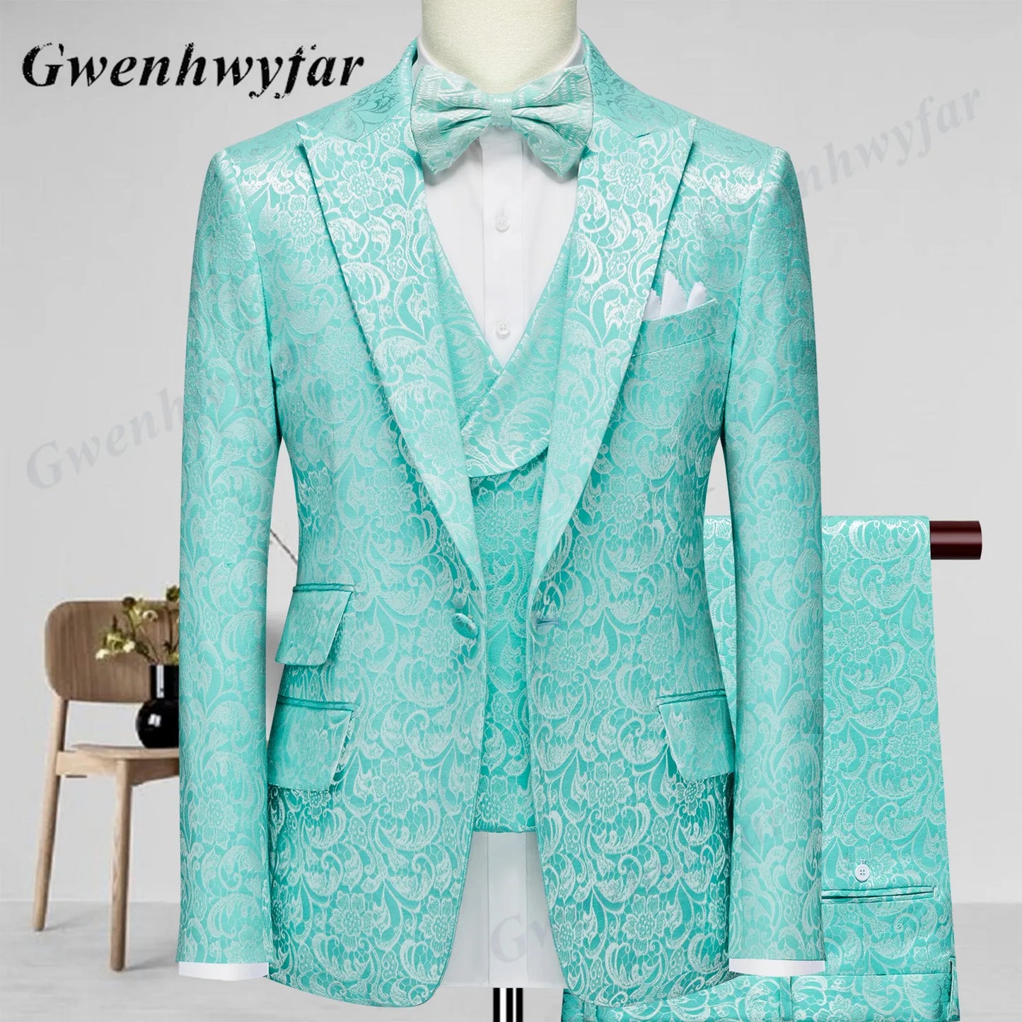 Gwenhwyfar Wheat-gold Patterns Suits of Men 2026 Autumn Party Suits Include Plain Gold Lapel Blazer Patterns Vest Slim Pants