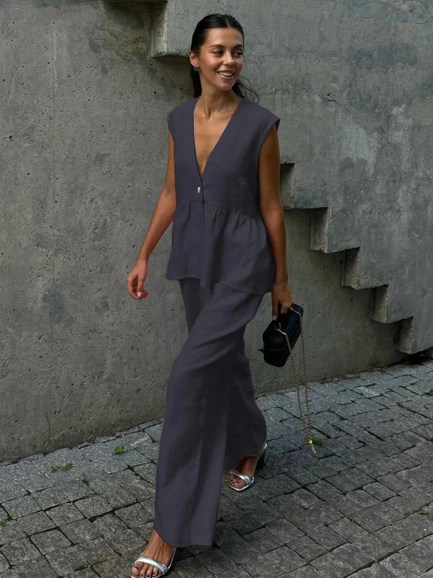 2026 V-neck sleeveless top, vest and long pants suit, solid-color two-piece set