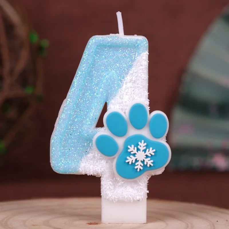 Cat Paw Theme 0‑9 Number Birthday Candle Blue White Glitter Cake Topper With Snowflake Cat Paw Ornament Cake Decoration Supplies