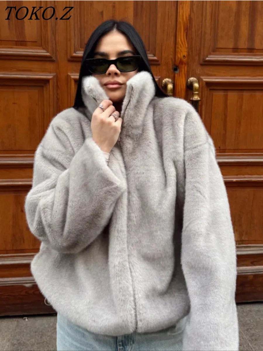 TOKO 2026 New Women High Collar Zip Up Faux Fur Cropped Jacket Drop Shoulder Wide Long Sleeve Gray Silky Plush Loose Fit Coat