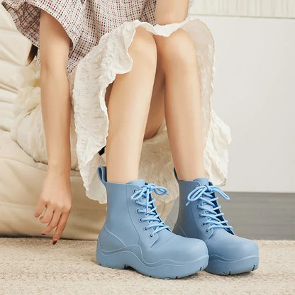 New Thick Sole Outdoor Rain Boots Women's Lace Up Fashion Solid Color Short Sleeve Four Seasons Waterproof Rain Shoes 장화 레인부츠