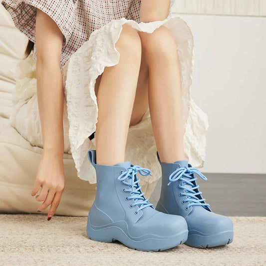 New Thick Sole Outdoor Rain Boots Women's Lace Up Fashion Solid Color Short Sleeve Four Seasons Waterproof Rain Shoes 장화 레인부츠