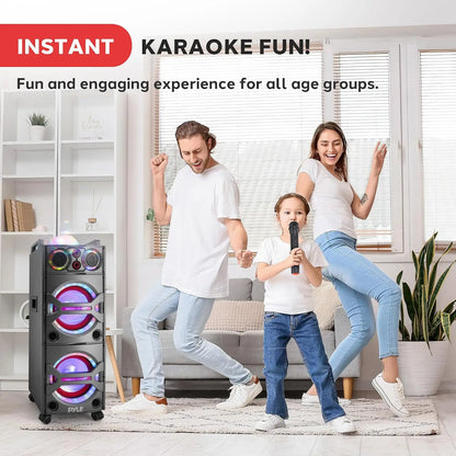 2000W Active Powered Outdoor Portable Bluetooth PA Speaker System with Party Lights, Microphone Input, USB/SD Card Reader, AUX/RCA/FM Radio, and Wheels