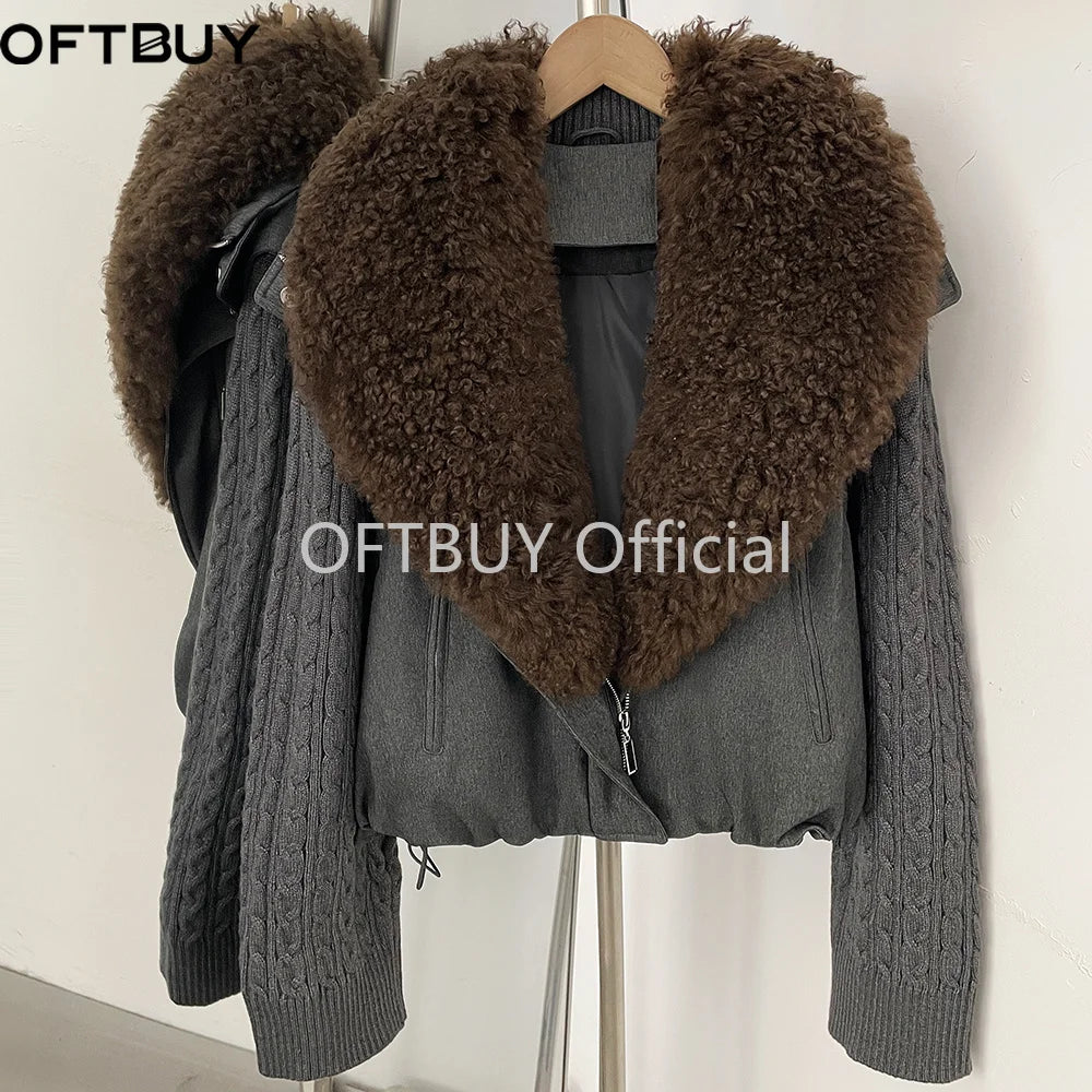 OFTBUY Women Winter Real Lamb Wool Fur Collar 90 White Duck Down Jacket Cable Knit Sleeve Zipper Drawstring Cropped Coat