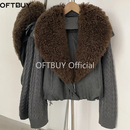 OFTBUY Women Winter Real Lamb Wool Fur Collar 90 White Duck Down Jacket Cable Knit Sleeve Zipper Drawstring Cropped Coat