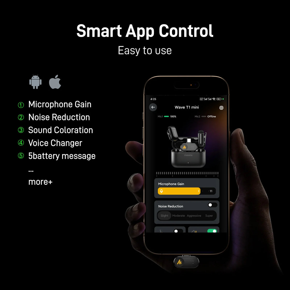 MAONO T1 Mini Wireless Lavalier Microphone for Phone AI Noise Cancelling Auto Clipping App Control Mic for Audio Video Recording