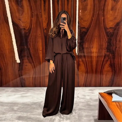 Satin Two-Piece Set Tie-Neck Balloon Sleeve Top Wide Leg Pant 2026 Spring Fashion Minimalist Loungewear Office Women Outfits