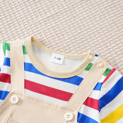 Newborn Baby Clothes Rainbow back strap bear print pocket cotton Fashion Infant Jumpsuit Toddler Short Sleeve One-piece Pajamas