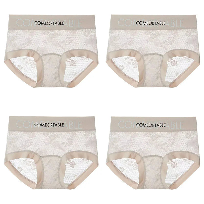 4PCS Women Seamless Panties Transparent Briefs Plus Size Lace Antibacterial Panties
