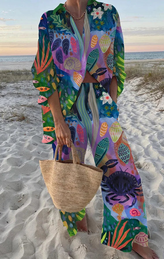 Fashion Print Beach Holiday 2-Piece Set Women Spring Summer Long Sleeve Shirt Top + Wide Legs Women's Oversized Two-Piece Outfit