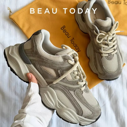 BEAUTODAY Chunky Sneakers Women Mesh Mixed Round Toe Lace-up Thick Sole New Breathable Ladies Sports Shoes Handmade HW29A14