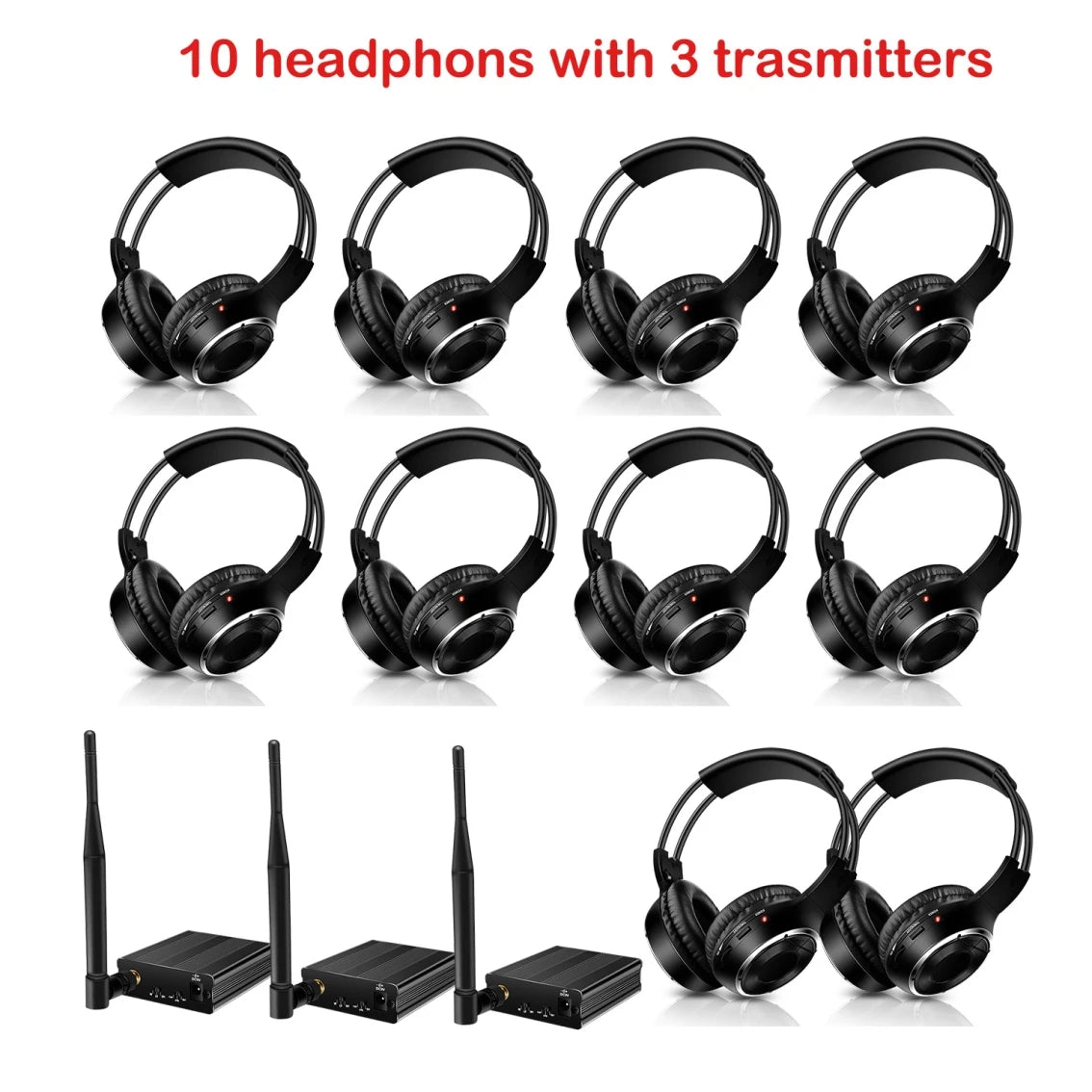 3 Channel Silent Disco Wireless Headphones Bundle with 500m Distance Transmitter for Entertainment Party