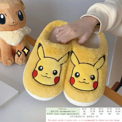 Popular anime Pokemon Pikachu Eevee Couple Cotton Slippers Winter Cute Cartoon Men Women Shoes with Velvet Insulation Anti slip