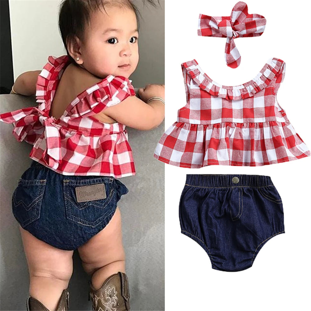 Pudcoco Baby Girls Clothes Sets Red and White Plaid Sleeveless Top Denim Shorts with Headband Toddler Girl Summer Outfits 0-3T
