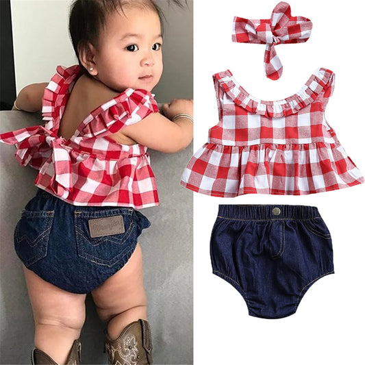 Pudcoco Baby Girls Clothes Sets Red and White Plaid Sleeveless Top Denim Shorts with Headband Toddler Girl Summer Outfits 0-3T