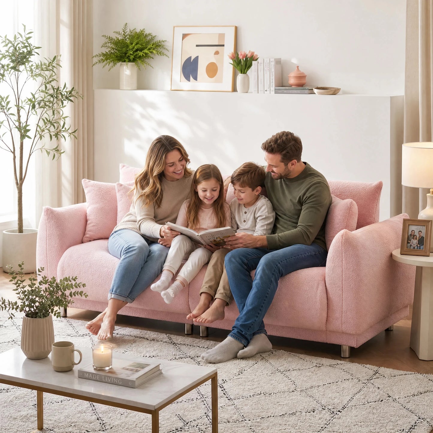 86.6 Inch Teddy Fleece Sofa With Four Throw Pillows Hardware Feet Can Sit Comfortably In An Apartment Bedroom Without Taking Up Space