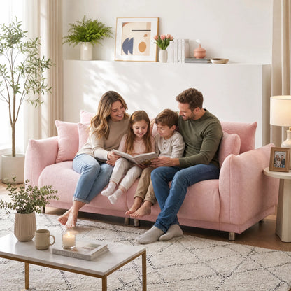 86.6 Inch Teddy Fleece Sofa With Four Throw Pillows Hardware Feet Can Sit Comfortably In An Apartment Bedroom Without Taking Up Space