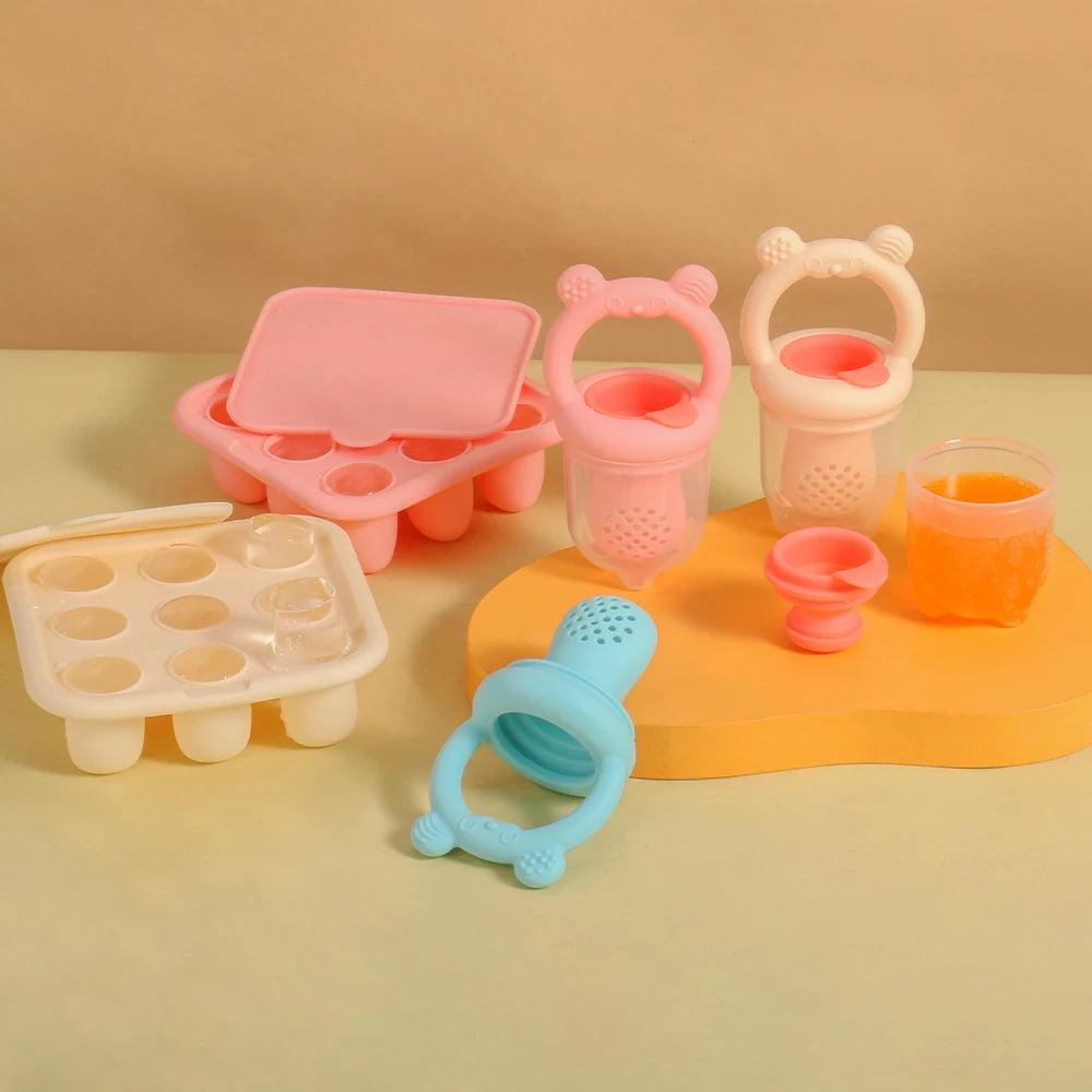 BPA Free 2 In 1 Baby Food Feeder and Silicone Baby Popsicle Mold Set Bear Fruit Teething Feeder Freezer Baby Food Storage Ice Lolly Mold for Infant Teething Supplementary Food Making
