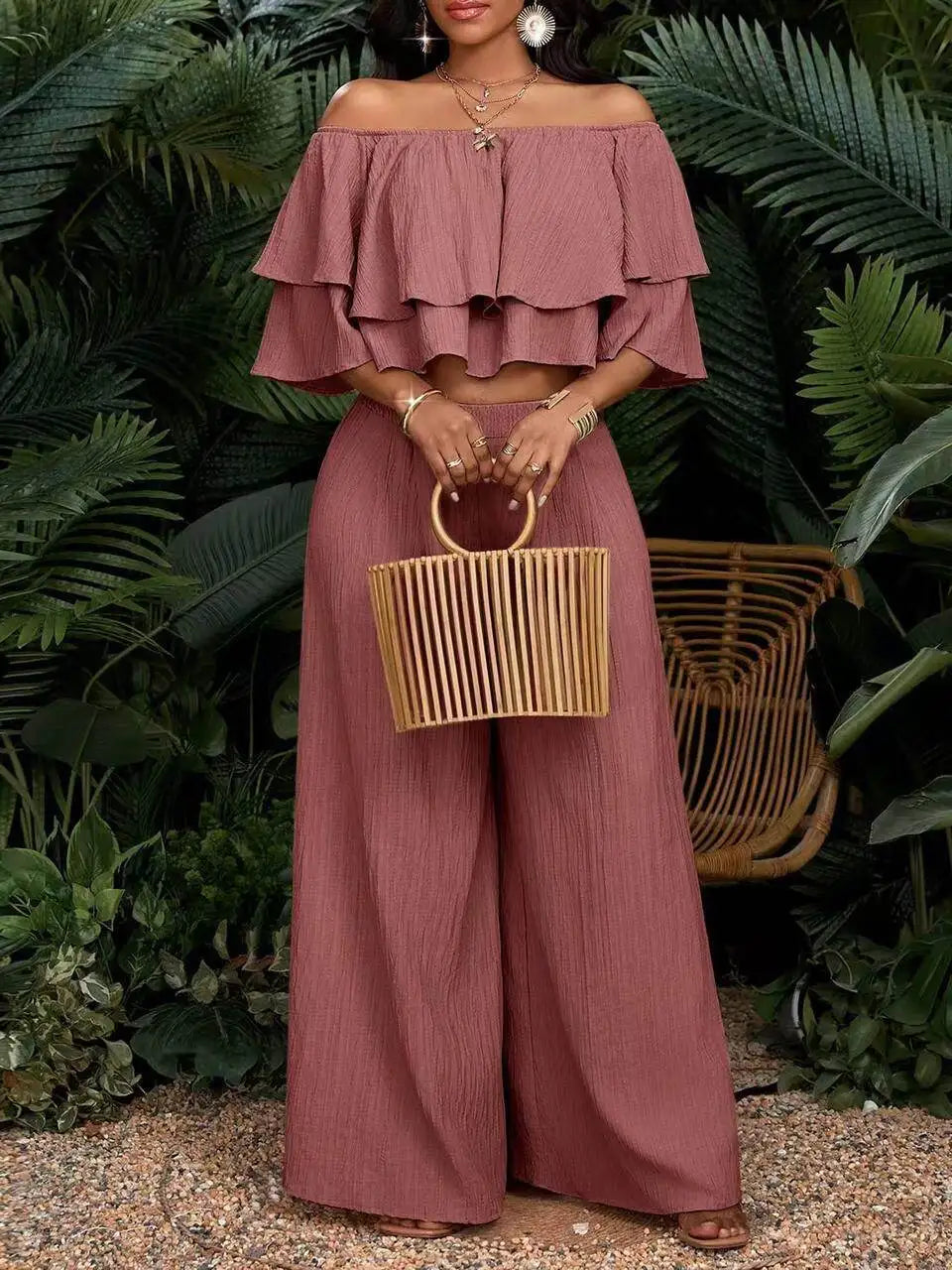 Women's Off Shoulder Ruffle Crop Top Matching Wide Leg Pants Outfit For Vacation Daily Casual Outdoor Travel Occasions