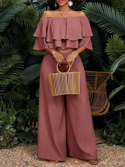 Women's Off Shoulder Ruffle Crop Top Matching Wide Leg Pants Outfit For Vacation Daily Casual Outdoor Travel Occasions