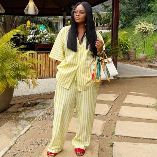 New African Fashion Women Two Piece Set Yellow Striped Printed Loose Shirt Top and Wide Leg Pants Set Outfits