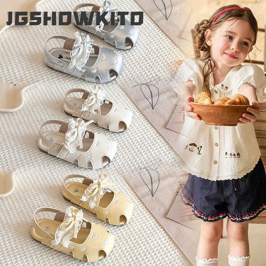 JGSHOWKITO Summer Children Heart Hollow Out Sandals Closed Toe Kids Wedding Party Shoes with Lace Bow Casual Girls Flat Sandals