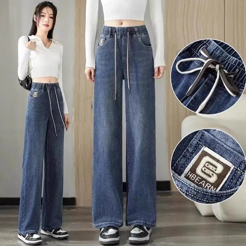 Loose Fit High Waist Wide Leg Jeans Women plus Size Light Blue Elastic Waist Dstring Trousers Autumn Faion plus Size