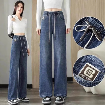 Loose Fit High Waist Wide Leg Jeans Women plus Size Light Blue Elastic Waist Dstring Trousers Autumn Faion plus Size