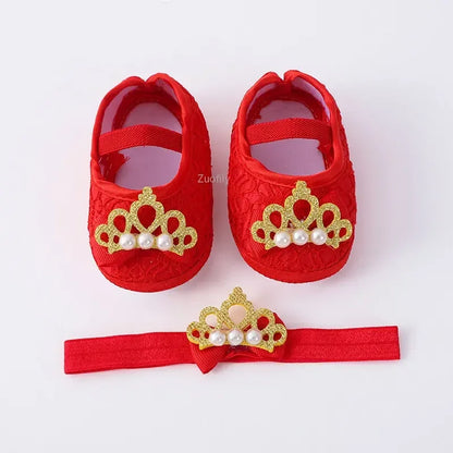 Spring Infant Baby Girl Shoes Newborn Lace Flowers Headband Anti-Slip Soft Sole First Walkers Toddler Kids Cotton Baptism Shoes