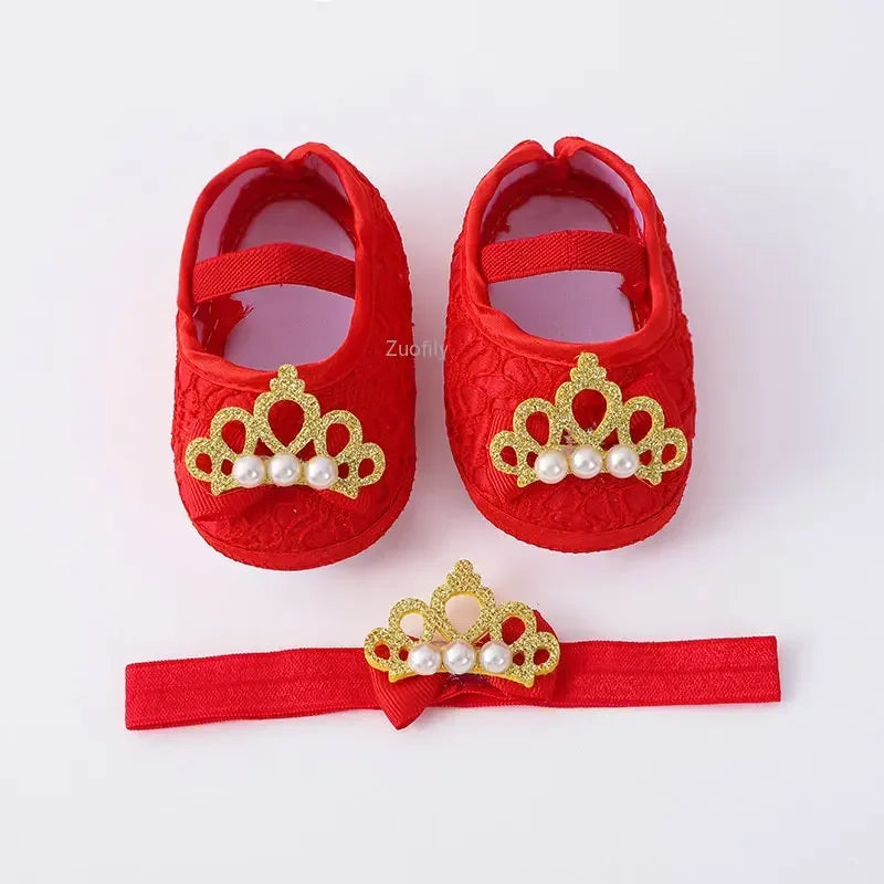 Spring Infant Baby Girl Shoes Newborn Lace Flowers Headband Anti-Slip Soft Sole First Walkers Toddler Kids Cotton Baptism Shoes