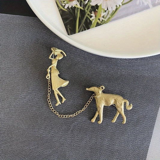 Fashion Lady Walking Dog Chain Brooch Women Suit Pin
