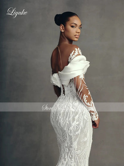 Liyuke Custom Made Luxury Embroidery Mermaid Wedding Dresses Robe De Marriage Removable Train 2 In 1 Lace Trumpet Bridal Gowns
