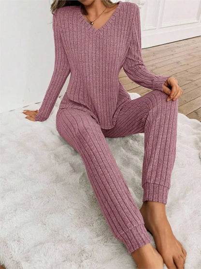 Casual V-neck Knitted Pit Strip T-shirt Long-sleeved Womes Suit Autumn Winter New Slim Fit Trousers Female Home Wear 2-piece Set